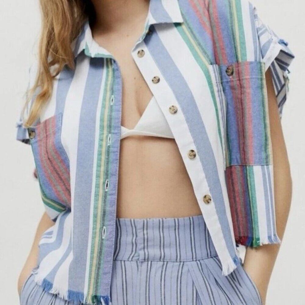 BDG Urban Outfitters 100% Cotton Stripe Casual Skater Cropped Button Down Top - Picture 8 of 8